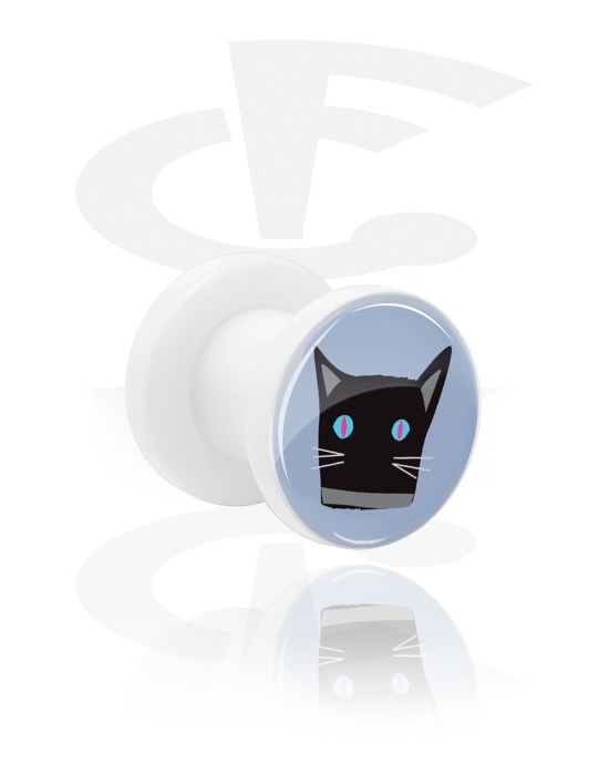 Tunnels & Plugs, White Tunnel with cat design, Acrylic