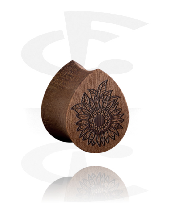 Tunnels & Plugs, Tear-shaped double flared plug (wood) with laser engraving "sunflower", Wood