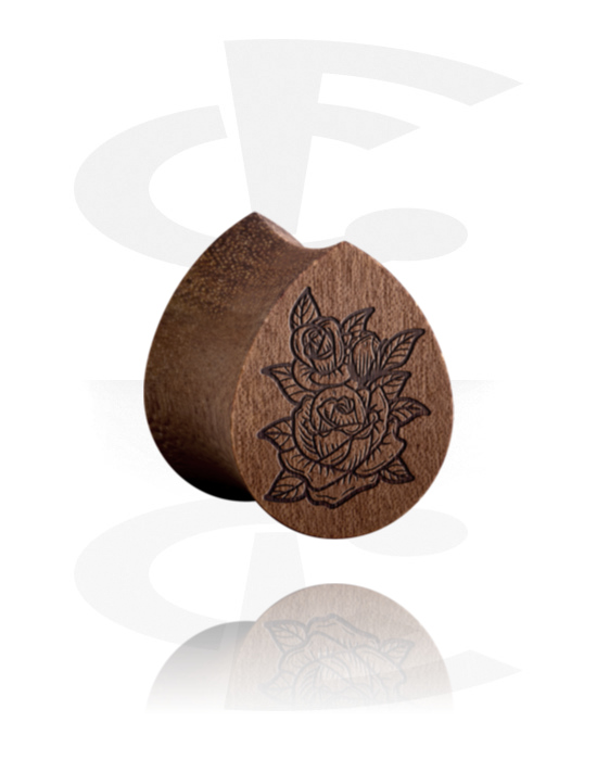 Tunnels & Plugs, Tear-shaped double flared plug (wood) with laser engraving "roses", Wood