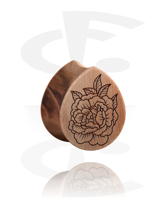 Tunely & plugy, Plug s rozšířenými konci ve tvaru slzy (dřevo) s designem květina, Dřevo