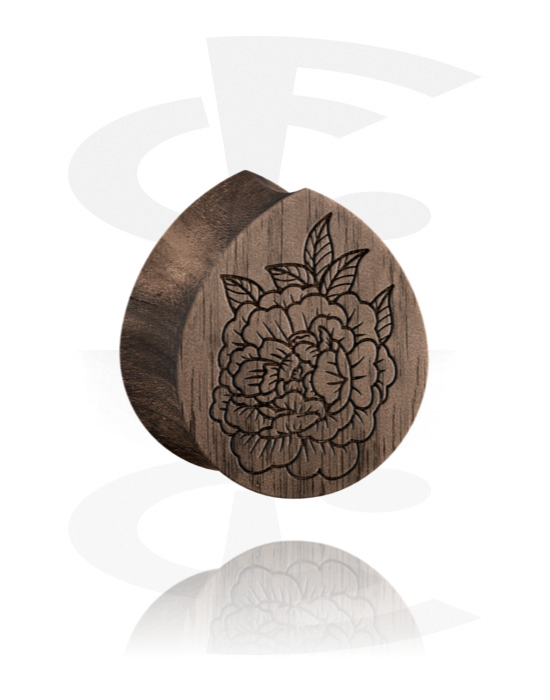 Tunely & plugy, Plug s rozšírenými koncami v tvare slzy (drevo) s dizajnom kvetina, Drevo