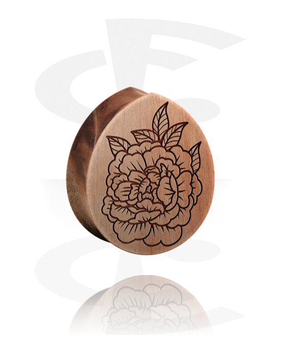Tunnels & Plugs, Tear-shaped double flared plug (wood) with flower design, Wood