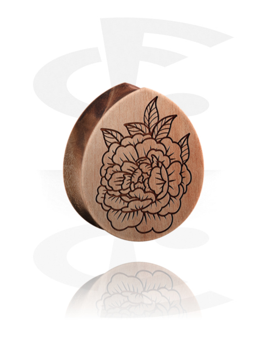 Tunnels & Plugs, Tear-shaped double flared plug (wood) with flower design, Wood