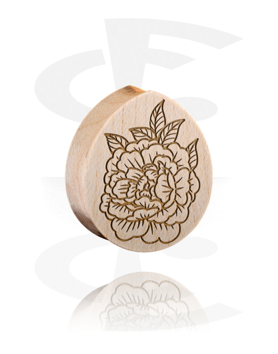 Tunely & plugy, Plug s rozšírenými koncami v tvare slzy (drevo) s dizajnom kvetina, Drevo