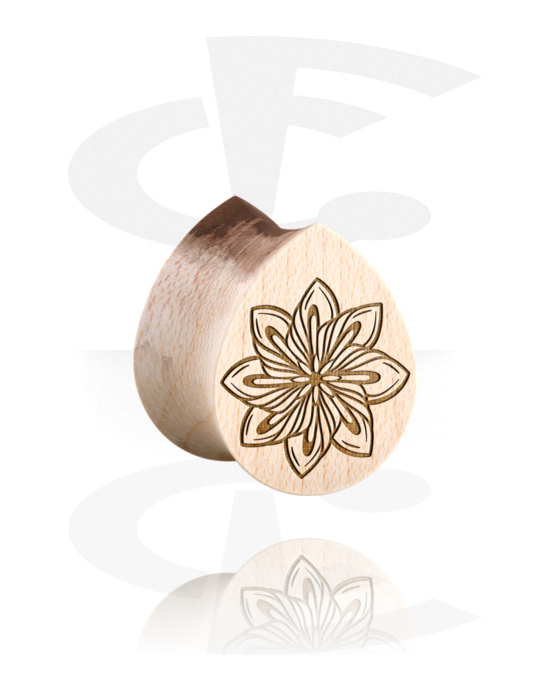 Tunely & plugy, Plug s rozšířenými konci ve tvaru slzy (dřevo) s laserovým gravírováním „květina“, Dřevo
