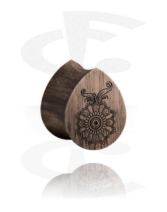 Tunnels & Plugs, Tear-shaped double flared plug (wood) with laser engraving "flower", Wood
