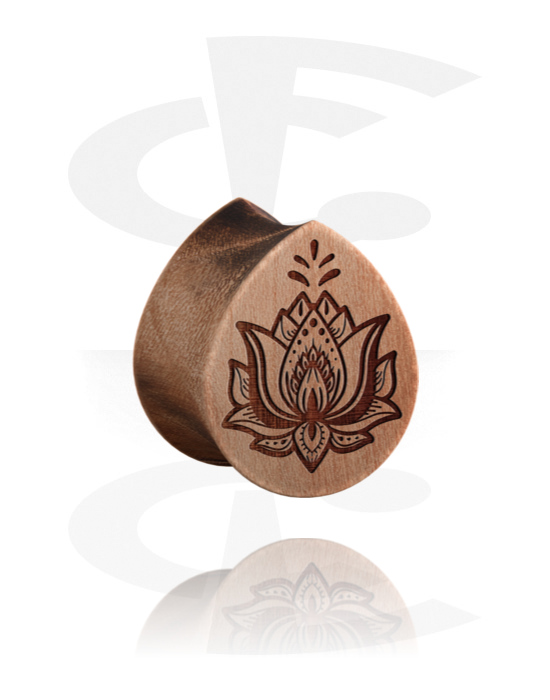 Tunely & plugy, Plug s rozšířenými konci ve tvaru slzy (dřevo) s laserovým gravírováním „lotosový květ“, Dřevo