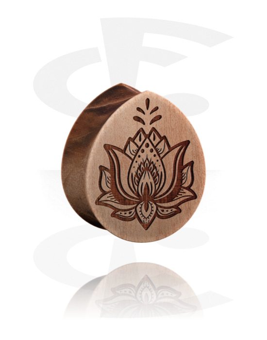 Alagutak és dugók, Tear-shaped double flared plug (wood) val vel lotus flower laser engraving, Fa