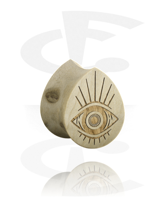 Tunnels & Plugs, Tear-shaped double flared plug (wood) with laser engraving "eye", Wood