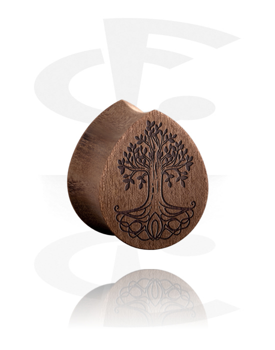 Tunnels & Plugs, Tear-shaped double flared plug (wood) with laser engraving "tree", Wood