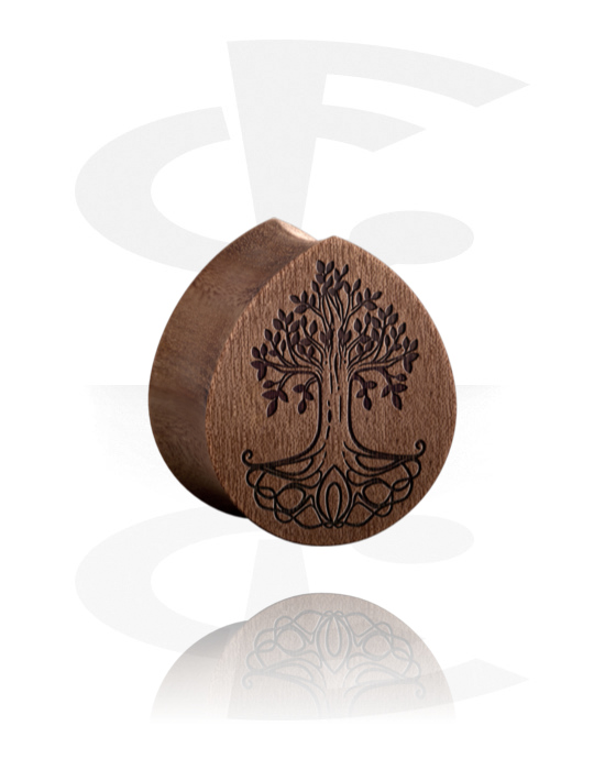 Alagutak és dugók, Tear-shaped double flared plug (wood) val vel laser engraving "tree", Fa