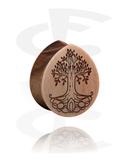 Alagutak és dugók, Tear-shaped double flared plug (wood) val vel laser engraving "tree", Fa