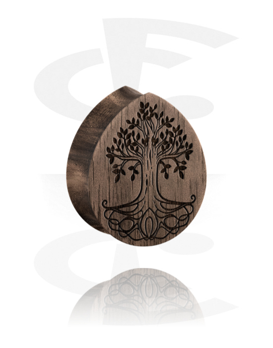 Tunnels & Plugs, Tear-shaped double flared plug (wood) with laser engraving "tree", Wood
