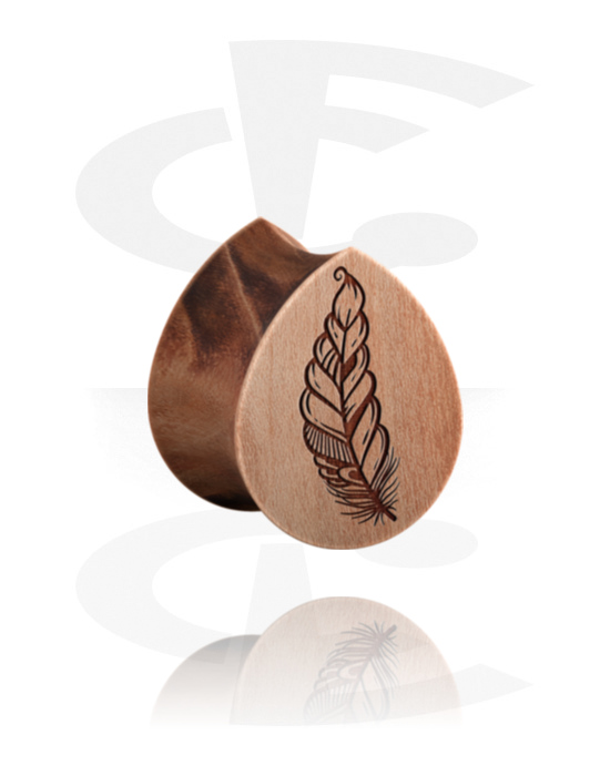 Tunnels & Plugs, Tear-shaped double flared plug (wood) with laser engraving "feather", Wood