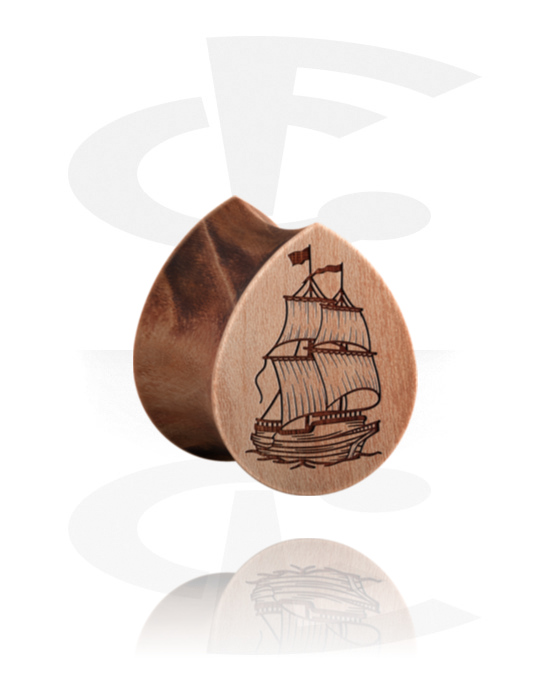 Tunnels & Plugs, Tear-shaped double flared plug (wood) with laser engraving "ship", Wood