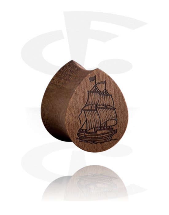 Tunnels & Plugs, Tear-shaped double flared plug (wood) with laser engraving "ship", Wood
