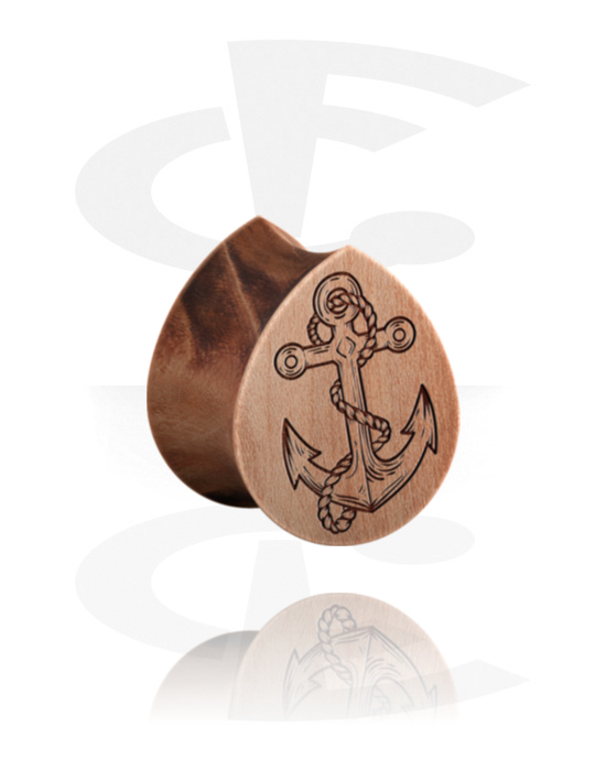 Tunnels & Plugs, Tear-shaped double flared plug (wood) with laser engraving "anchor", Wood