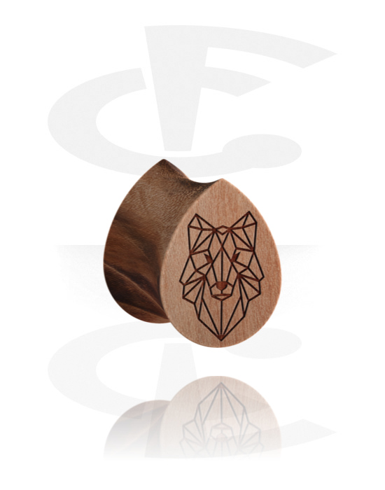 Tunnels & Plugs, Tear-shaped double flared plug (wood) with laser engraving "wolf", Wood