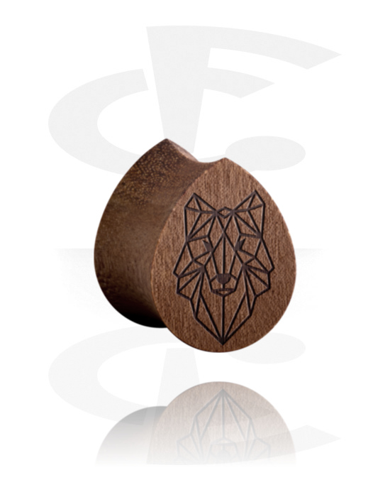 Tunnels & Plugs, Tear-shaped double flared plug (wood) with laser engraving "wolf", Wood