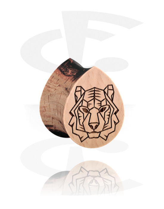 Tunnels & Plugs, Tear-shaped double flared plug (wood) with laser engraving "lion", Wood