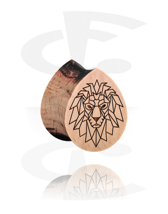 Tunnels & Plugs, Tear-shaped double flared plug (wood) with laser engraving "lion", Wood