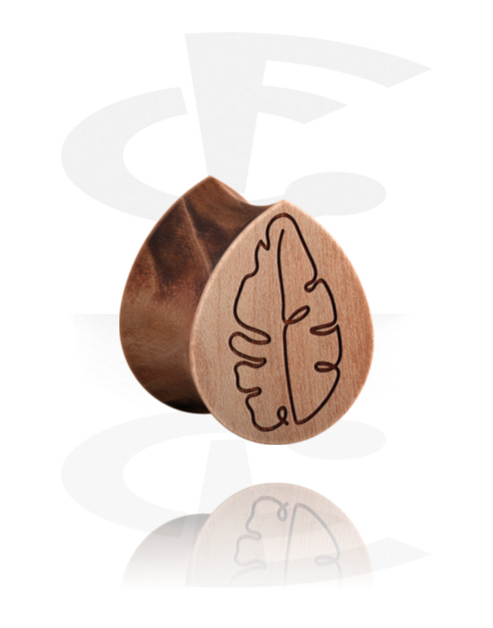 Tunnels & Plugs, Tear-shaped double flared plug (wood) with laser engraving "leaf", Wood