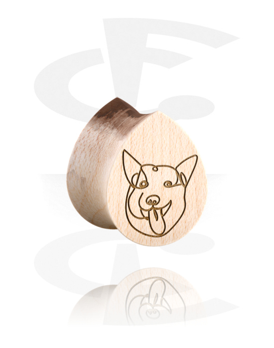 Tunely & plugy, Plug s rozšířenými konci ve tvaru slzy (dřevo) s laserovým gravírováním „pes“, Dřevo