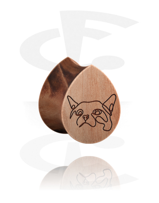 Tunnel & Plugs, Tropfenförmiger Double Flared Plug (Holz) mit Laserdesign "Hund", Holz