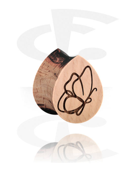 Tunely & plugy, Plug s rozšírenými koncami v tvare slzy (drevo) s laserovým gravírovaním „motýľ“, Drevo