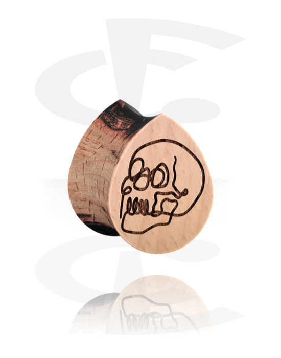 Tunnels & Plugs, Tear-shaped double flared plug (wood) with laser engraving "skull", Wood