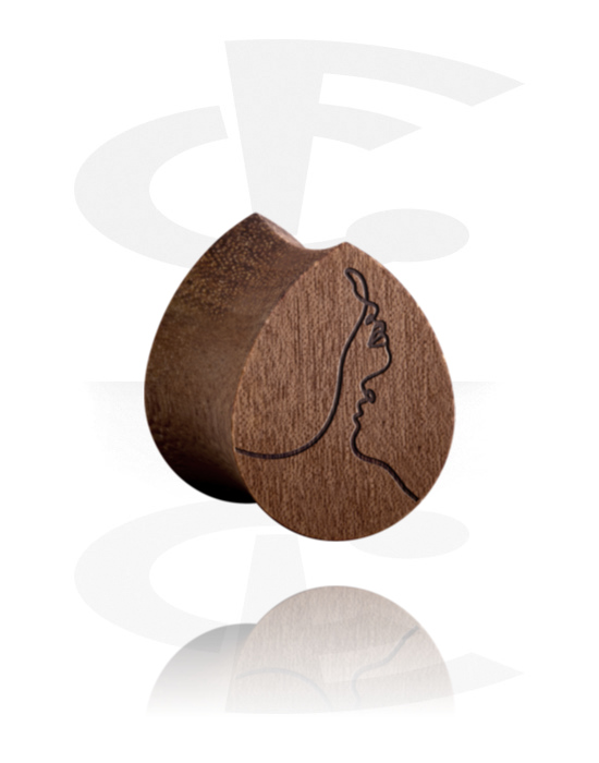 Tunnels & Plugs, Tear-shaped double flared plug (wood) with laser engraving "one line design face", Wood
