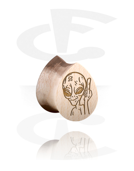 Tunnels & Plugs, Tear-shaped double flared plug (wood) with laser engraving "alien", Wood