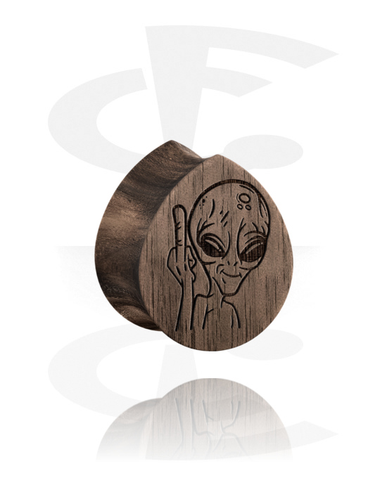 Tunnels & Plugs, Tear-shaped double flared plug (wood) with laser engraving "alien", Wood