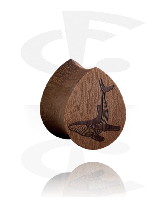 Tunnlar & Pluggar, Tear-shaped double flared plug (wood) med laser engraving "humpback whale", Trä
