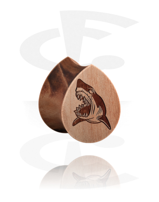 Alagutak és dugók, Tear-shaped double flared plug (wood) val vel laser engraving "shark", Fa