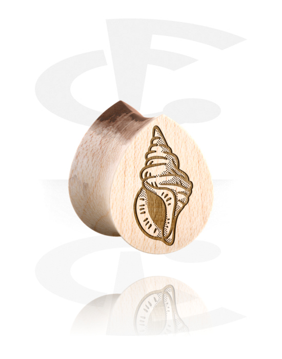 Tunnels & Plugs, Tear-shaped double flared plug (wood) with laser engraving "shell", Wood