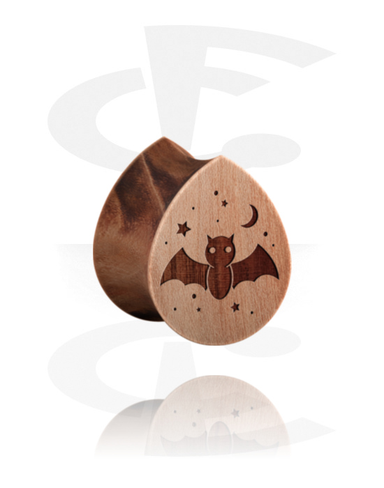 Tunnel & Plugs, Tropfenförmiger Double Flared Plug (Holz) mit Fledermaus-Design, Holz