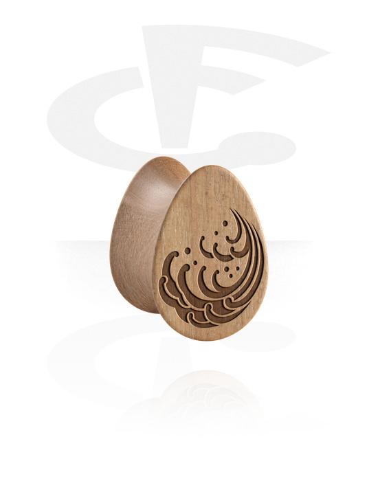 Tearshaped double flared plug (wood) with laser engraving "water waves" (Wood) The World's No