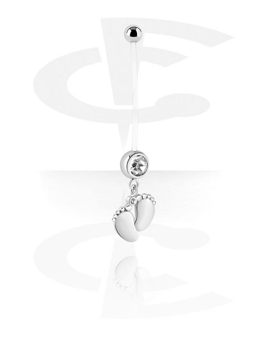 Curved Barbells, Pregnancy belly button ring (PTFE, transparent) with foot charm, PTFE, Surgical Steel 316L, Plated Brass
