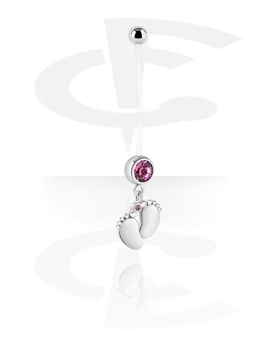 Curved Barbells, Pregnancy belly button ring (PTFE, transparent) with foot charm, PTFE, Surgical Steel 316L, Plated Brass