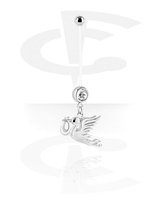 Curved Barbells, Pregnancy belly button ring (PTFE, transparent) with stork charm, PTFE ,  Surgical Steel 316L ,  Plated Brass
