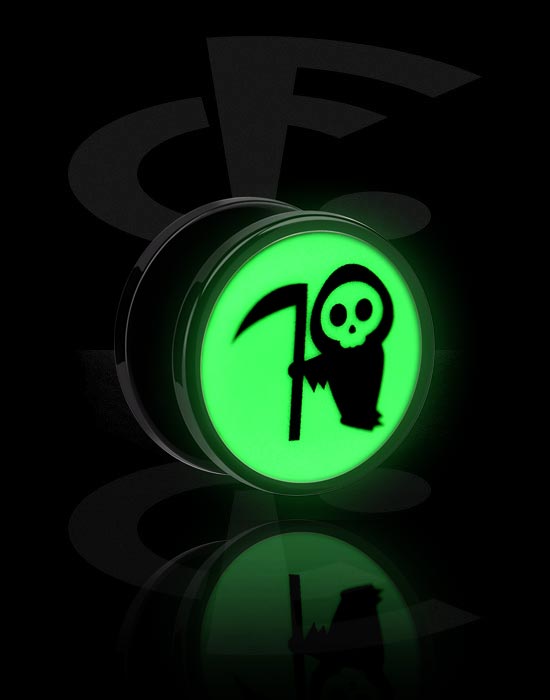 Tunely & plugy, "Glow in the dark" screw-on tunnel (acrylic, black) s motívom „the Grim Reaper“, Akryl