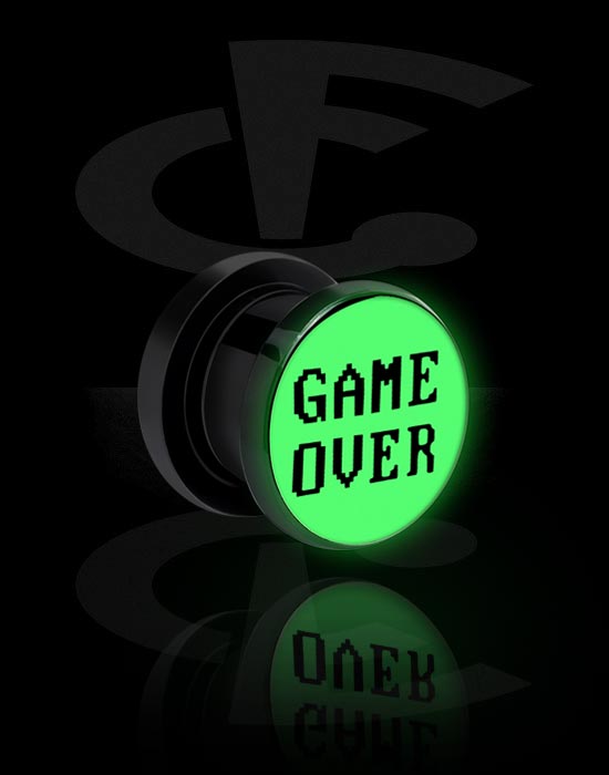 Tunneler & plugger, "Glow in the dark" screw-on tunnel (acrylic, black) med "Game over" skrift, Akryl