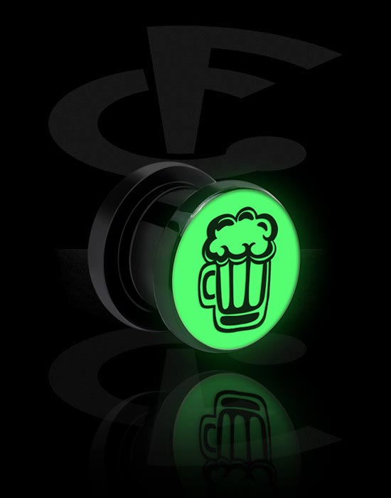 Túneis & Plugs, Túnel com rosca "Glow in the dark" (acrílico, preto) com motivo "copo de cerveja"., Acrílico