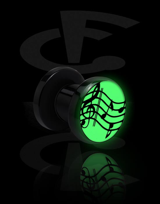 Túneles & plugs, Túnel screw-on "Glow in the dark" (acrílico, negro) con diseño de nota musical, Acrílico