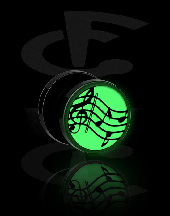 Túneis & Plugs, Túnel com rosca "Glow in the dark" (acrílico, preto) com design nota musical, Acrílico