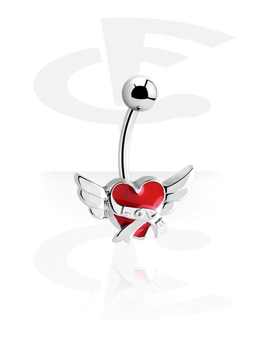 Zahnuté činky, Kroužek do pupíku (chirurgická ocel, stříbrná, lesklý povrch) s designem srdce a nápisem „LOVE“, Chirurgická ocel 316L
