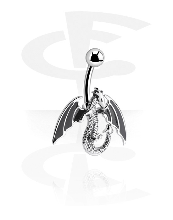 Curved Barbells, Belly button ring (surgical steel, black, shiny finish) with dragon design, Surgical Steel 316L