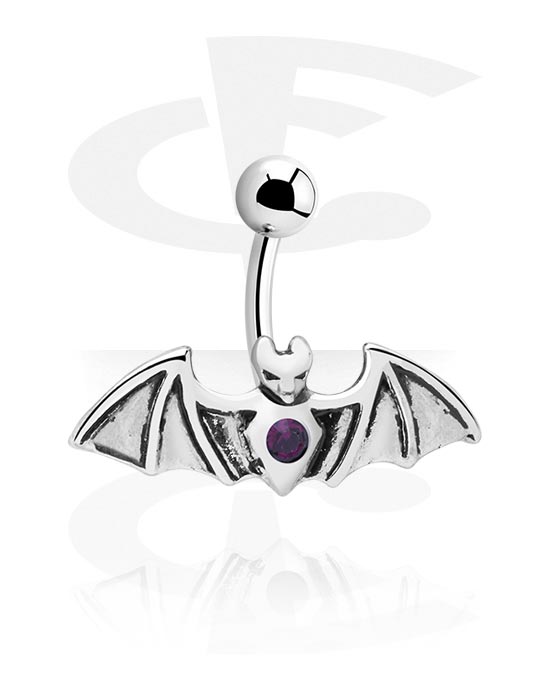 Curved Barbells, Belly button ring (surgical steel, black, shiny finish) with bat design and crystal stone, Surgical Steel 316L