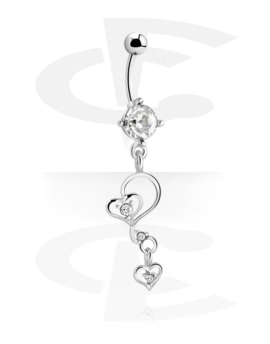 Curved Barbells, Belly button ring (surgical steel, black, shiny finish) with heart charm and crystal stones, Surgical Steel 316L